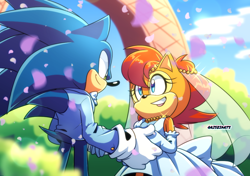 Size: 2180x1536 | Tagged: safe, artist:risziarts, sally acorn, sonic the hedgehog, chipmunk, hedgehog, 2023, cloud, daytime, duo, female, grin, jewelry, lipstick, looking at each other, male, necklace, outdoor, plant, sally x sonic, shipping, smile, smiling at each other, sparkles, straight, wedding, wedding dress, wedding suit