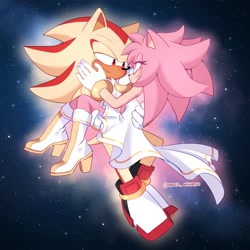 Size: 2000x2000 | Tagged: safe, artist:inked_whimsy, amy rose, shadow the hedgehog, super shadow, hedgehog, 2025, amy x shadow, carrying them, clothes, dress, duo, female, hands on another's cheek, looking at each other, male, shipping, smile, smiling at each other, space, star (sky), straight, super amy, super form