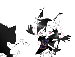 Size: 2140x1612 | Tagged: safe, artist:chunichichuni, metal sonic, nicole the hololynx, shard the metal, lynx, ..., 2023, black and white, blushing, clothes, duo, eyes closed, female, fully clothed, happy, japanese text, looking at each other, male, nicole x shard, one fang, open mouth, open smile, robot, shipping, shirt, shorts, simple background, smile, smiling at them, speech bubble, standing, straight, white background