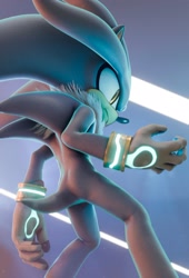 Size: 1396x2048 | Tagged: safe, artist:rayfox_ds, silver the hedgehog, hedgehog, 2026, 3d, chest fluff, from behind, from below, frown, looking offscreen, male, neck fluff, solo, standing