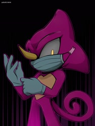 Size: 1536x2048 | Tagged: safe, artist:barcinim, espio the chameleon, 2026, chameleon, face mask, fixing glove, gloves, glowing eyes, looking at viewer, male, outline, solo, standing, surgeon, tape