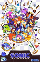 Size: 1325x2048 | Tagged: safe, artist:actionhankbeard, artist:iam8bit, amy rose, big the cat, blaze the cat, charmy bee, cheese (chao), cream the rabbit, e-123 omega, espio the chameleon, froggy, metal sonic, miles "tails" prower, robotnik, rouge the bat, shadow the hedgehog, silver the hedgehog, sonic the hedgehog, vector the crocodile, bat, bee, cat, chao, crocodile, fox, frog, hedgehog, human, rabbit, 2026, 35th anniversary, agender, anniversary, black sclera, chameleon, chaos emerald, checkered background, cheeseabetes, circle, cute, everyone is here, female, frown, group, holding something, holding tail, jumping, looking at them, looking at viewer, looking offscreen, male, neutral chao, pointing, portal, question mark, ring, robot, sega logo, smile, speech bubble, triangle, wall of tags