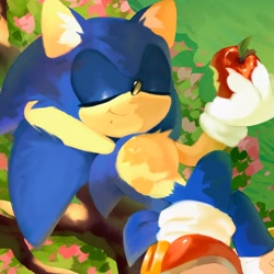 Size: 1200x1200 | Tagged: safe, artist:akarpii1, sonic the hedgehog, hedgehog, 2026, apple, chest fluff, daytime, ear fluff, eyes closed, food, fruit, grass, hand behind head, holding something, legs crossed, lineless, lying down, male, outdoors, plant, relaxing, smile, solo, tree, tree branch