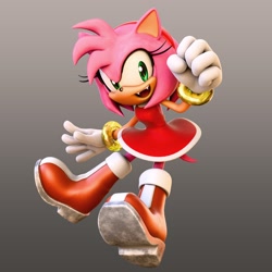 Size: 2048x2048 | Tagged: safe, artist:hunicrio, amy rose, hedgehog, 2026, 3d, clenched fist, fangs, female, gradient background, mouth open, open smile, smile, smiling at viewer, solo, treads