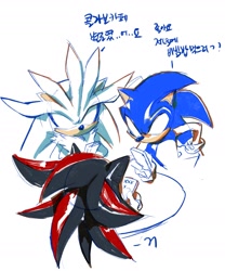 Size: 1467x1762 | Tagged: safe, artist:panhaley54803, shadow the hedgehog, silver the hedgehog, sonic the hedgehog, 2026, holding something, korean text, simple background, trio, white background