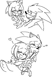 Size: 1080x1574 | Tagged: safe, artist:panhaley54803, amy rose, sonic the hedgehog, 2026, amy x sonic, comic, duo, eyes closed, greyscale, grin, heart, hugging, lidded eyes, looking at them, monochrome, mouth open, shipping, simple background, sketch, smile, straight, white background