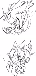 Size: 1080x2241 | Tagged: safe, artist:panhaley54803, amy rose, sonic the hedgehog, super sonic, 2026, amy x sonic, carrying them, comic, duo, eyes closed, frown, greyscale, looking at them, monochrome, shipping, simple background, sketch, straight, super form, white background