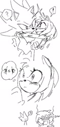 Size: 967x2048 | Tagged: safe, artist:panhaley54803, amy rose, sonic the hedgehog, 2026, amy x sonic, blushing, carrying them, comic, duo, greyscale, korean text, looking at each other, looking at them, monochrome, mouth open, shipping, simple background, sketch, smile, speech bubble, straight, super form, white background