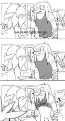 Size: 1000x1850 | Tagged: safe, artist:panhaley54803, knuckles the echidna, shadow the hedgehog, silver the hedgehog, sonic the hedgehog, 2026, comic, greyscale, group, holding something, indoors, korean text, looking at each other, looking at them, makeup, monochrome, mouth open, sonic boom (tv), standing, tank top