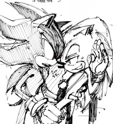 Size: 921x1006 | Tagged: safe, artist:panhaley54803, shadow the hedgehog, sonic the hedgehog, duo, gay, grin, hand on another's leg, korean text, lidded eyes, looking at each other, looking at them, monochrome, shadow x sonic, shipping, simple background, sketch, smile, spot color, standing, white background