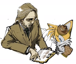 Size: 1345x1125 | Tagged: safe, artist:panhaley54803, miles "tails" prower, human, 2026, character request, clipboard, detective hat, duo, hand on own chin, holding something, simple background, white background