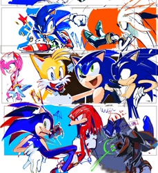 Size: 1587x1732 | Tagged: safe, artist:panhaley54803, amy rose, knuckles the echidna, miles "tails" prower, shadow the hedgehog, silver the hedgehog, sonic the hedgehog, 2025, frown, group, ring, sitting, smile, standing