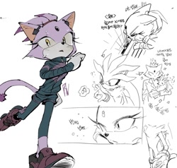 Size: 1366x1303 | Tagged: safe, artist:panhaley54803, blaze the cat, silver the hedgehog, 2025, alternate outfit, crying, duo, korean text, psychokinesis, running, simple background, sketch, white background