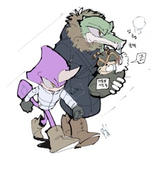 Size: 1063x1165 | Tagged: safe, artist:panhaley54803, charmy bee, espio the chameleon, vector the crocodile, 2025, alternate outfit, alternate shoes, carrying them, coat, eyes closed, korean text, mouth open, simple background, team chaotix, trio, walking, white background
