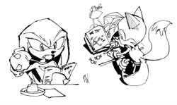 Size: 1178x704 | Tagged: safe, artist:panhaley54803, knuckles the echidna, miles "tails" prower, 2025, book, candy, desk, duo, eating, food, from above, greyscale, holding something, lamp, monochrome, mouth open, reading, simple background, sitting, sketch, spoon, stool, white background