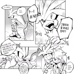 Size: 1668x1668 | Tagged: safe, artist:panhaley54803, silver the hedgehog, sonic the hedgehog, 2025, comic, duo, eyes closed, greyscale, hand on another's shoulder, hands on another's shoulders, korean text, looking at each other, looking at them, monochrome, mouth open, smile, speech bubble, standing, thought bubble