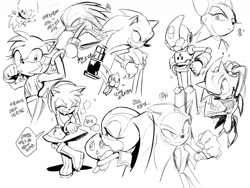 Size: 1600x1200 | Tagged: safe, artist:panhaley54803, amy rose, cheese (chao), cream the rabbit, emerl, knuckles the echidna, rouge the bat, sonic the hedgehog, chao, 2025, carrying them, eyes closed, greyscale, group, korean text, monochrome, mouth open, robot, simple background, sketch, sketch page, smile, speech bubble, standing, white background