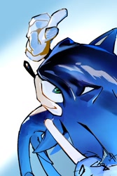 Size: 774x1161 | Tagged: safe, artist:panhaley54803, sonic the hedgehog, 2025, arm up, looking at viewer, pointing, smile, solo, standing