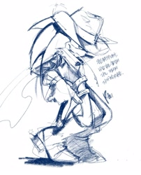 Size: 1289x1599 | Tagged: safe, artist:panhaley54803, sonic the hedgehog, 2025, alternate outfit, alternate shoes, cowboy hat, cowboy outfit, korean text, monochrome, simple background, sketch, solo, standing, white background