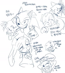 Size: 1574x1776 | Tagged: safe, artist:panhaley54803, blaze the cat, cream the rabbit, knuckles the echidna, miles "tails" prower, sonic the hedgehog, 2025, eyes closed, group, korean text, monochrome, mouth open, simple background, sketch, sketch page, smile, white background