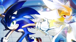 Size: 2048x1135 | Tagged: safe, artist:panhaley54803, rouge the bat, sonic the hedgehog, super sonic, 2025, duo, grin, looking at viewer, smile, super form