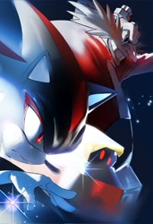 Size: 1403x2048 | Tagged: safe, artist:panhaley54803, e-123 omega, robotnik, shadow the hedgehog, human, 2025, grin, robot, smile, trio