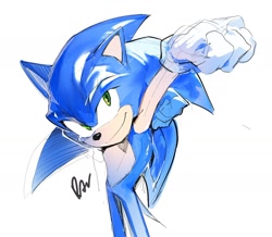 Size: 1588x1385 | Tagged: safe, artist:panhaley54803, sonic the hedgehog, 2025, arm up, clenched fists, simple background, smile, solo, standing, stretching, white background