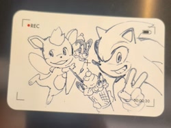 Size: 2048x1532 | Tagged: safe, artist:panhaley54803, chip, sonic the hedgehog, sonic unleashed, duo, food, greyscale, grin, holding something, ice cream, looking at viewer, monochrome, penwork, simple background, sketch, smile, traditional media, v sign, white background