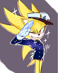 Size: 656x828 | Tagged: safe, artist:panhaley54803, sonic the hedgehog, super sonic, the murder of sonic the hedgehog, 2025, arm behind back, grin, hat, jacket, salute, simple background, smile, solo, standing, super form, wink