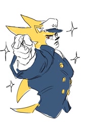 Size: 555x826 | Tagged: safe, artist:panhaley54803, sonic the hedgehog, super sonic, the murder of sonic the hedgehog, 2025, hat, jacket, jojo's bizzare adventure, looking at viewer, parody, pointing, pointing at viewer, simple background, solo, sparkles, super form, white background