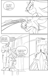 Size: 1409x2249 | Tagged: safe, artist:panhaley54803, shadow the hedgehog, human, comic:your wish, comic, duo, english text, frown, glasses, greyscale, holding something, korean text, looking at each other, looking at them, monochrome, simple background, sketch, speech bubble, standing, white background