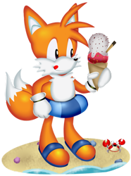 Size: 827x1111 | Tagged: safe, artist:itsscarfy, miles "tails" prower, fox, beach, classic sonic (universe), classic tails, food, ice cream, inner tube, licking lips, male, sand, seashell, solo