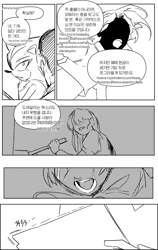 Size: 1383x2190 | Tagged: safe, artist:panhaley54803, maria robotnik, shadow the hedgehog, human, comic:your wish, sonic adventure 2, comic, english text, flashback, greyscale, holding something, korean text, lever, monochrome, mouth open, simple background, sketch, speech bubble, trio, white background