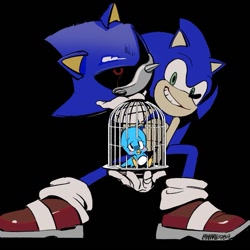 Size: 680x680 | Tagged: safe, artist:panhaley54803, flicky, metal sonic, sonic the hedgehog, bird, black background, cage, grin, holding something, literal animal, looking at viewer, robot, severed head, simple background, smile, standing, trio