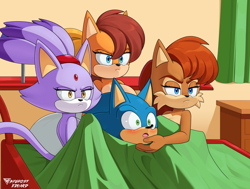Size: 2206x1670 | Tagged: safe, artist:byghosteduard, blaze the cat, sally acorn, sonic the hedgehog, tiara boobowski, sally x sonic, shipping, sonaze, sonic x tiara