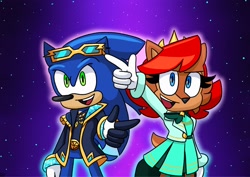 Size: 2048x1451 | Tagged: safe, artist:kittytale, sally acorn, sonic the hedgehog, chipmunk, hedgehog, 2026, alternate outfit, clothes, dress, duo, female, glasses, idol outfit, jacket, looking at viewer, male, open mouth, open smile, pose, sally x sonic, shipping, shirt, smile, smiling at viewer, standing, straight