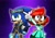 Size: 2048x1451 | Tagged: safe, artist:kittytale, sally acorn, sonic the hedgehog, chipmunk, hedgehog, 2026, alternate outfit, clothes, dress, duo, female, glasses, idol outfit, jacket, looking at viewer, male, open mouth, open smile, pose, sally x sonic, shipping, shirt, smile, smiling at viewer, standing, straight