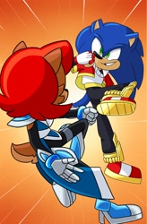 Size: 1340x2048 | Tagged: safe, artist:kittytale, sally acorn, sonic the hedgehog, chipmunk, hedgehog, 2026, alternate outfit, alternate universe, clothes, cosplay, duo, female, fighting, looking at each other, male, ringblader, roboticized, rwby, sally x sonic, shipping, sparring, straight