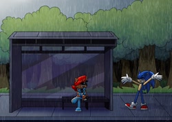 Size: 2048x1451 | Tagged: safe, artist:kittytale, sally acorn, sonic the hedgehog, chipmunk, hedgehog, 2026, alternate universe, au:all in (kittytale), bus stop, cloudy, duo, eyes closed, female, forest, grin, happy, male, outdoors, rain, road, roboticized, sally x sonic, shipping, sitting, smile, smiling at them, straight, tree