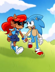 Size: 1583x2048 | Tagged: safe, artist:kittytale, sally acorn, sonic the hedgehog, chipmunk, hedgehog, 2026, alternate universe, au:all in (kittytale), classic sally, classic sonic, clouds, day, duo, female, grass, hill, holding hands, looking at each other, male, open mouth, open smile, outdoors, roboticized, sally x sonic, shipping, smile, smiling at each other, straight, walking, younger