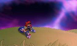 Size: 2048x1244 | Tagged: safe, artist:kittytale, sally acorn, sonic the hedgehog, chipmunk, hedgehog, 2026, alternate universe, au:all in (kittytale), duo, female, grass, hands behind head, hill, looking at star, looking offscreen, looking up, looking up at something, lying down, male, nebula, nighttime, outdoors, roboticized, sally x sonic, scar, shipping, smile, star (sky), stargazing, straight
