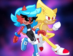 Size: 2048x1583 | Tagged: safe, artist:kittytale, sally acorn, sonic the hedgehog, super sonic, chipmunk, hedgehog, 2026, alternate universe, au:all in (kittytale), duo, female, grin, looking offscreen, male, nebula, open mouth, open smile, roboticized, sally x sonic, shipping, smile, space, straight, super form, super sally
