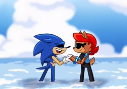 Size: 2048x1451 | Tagged: safe, artist:kittytale, sally acorn, sonic the hedgehog, chipmunk, hedgehog, 2026, alternate universe, aquaphobia, au:all in (kittytale), clouds, daytime, duo, eyes closed, female, looking at each other, male, open mouth, open smile, outdoors, roboticized, sally x sonic, scar, shipping, smile, smiling at each other, standing, straight, sweatdrop, tongue, water