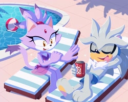 Size: 2500x2000 | Tagged: safe, artist:loulubally, blaze the cat, silver the hedgehog, cat, hedgehog, 2026, alternate outfit, ball, barefoot, bikini, blaze x silver, date, daytime, deckchair, drink, duo, eyes closed, female, hand behind head, holding something, lying down, male, open smile, pool, shipping, sitting, smile, soda, sparkles, straight, swimming trunks, swimsuit, tongue, water