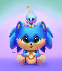 Size: 836x956 | Tagged: safe, artist:tsaoshin, cheese (chao), sonic the hedgehog, chao, hedgehog, cheeseabetes, cute, duo, male, shoes, sitting, smile, sonabetes