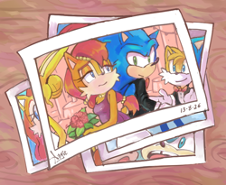 Size: 700x574 | Tagged: safe, artist:angiethecat, bunnie rabbot, miles "tails" prower, sally acorn, sonic the hedgehog, chipmunk, fox, hedgehog, rabbit, 2026, alternate outfit, bowtie, dated, dress, duo focus, english text, female, flower, holding something, indoors, jewelry, looking at each other, looking at them, male, necklace, photo, portrait, sally x sonic, shipping, straight, suit, trio