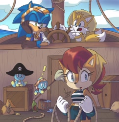 Size: 2073x2133 | Tagged: safe, artist:angiethecat, miles "tails" prower, sally acorn, sonic the hedgehog, chao, chipmunk, fox, hedgehog, 2026, agender, alternate outfit, barrel, bottle, box, bucket, clouds, daytime, distracted, exclamation mark, female, group, hat, holding something, looking at them, male, pirate hat, pirate outfit, ring, ringblader, rope, sally x sonic, ship, shipping, sitting, steering wheel, straight, straw hat, vehicle, water