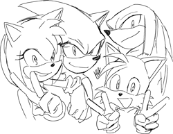 Size: 1692x1309 | Tagged: safe, artist:panhaley54803, amy rose, knuckles the echidna, miles "tails" prower, sonic the hedgehog, 2024, double v sign, greyscale, group, looking at viewer, monochrome, mouth open, simple background, sketch, smile, v sign, white background