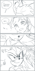 Size: 1118x2237 | Tagged: safe, artist:panhaley54803, maria robotnik, shadow the hedgehog, human, 2024, blushing, comic, duo, greyscale, korean text, looking at each other, looking at them, monochrome, simple background, sketch, smile, speech bubble, star (symbol), white background
