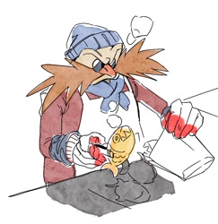 Size: 960x989 | Tagged: safe, artist:panhaley54803, robotnik, human, 2024, apron, cooking, food, frown, hat, holding something, simple background, solo, white background